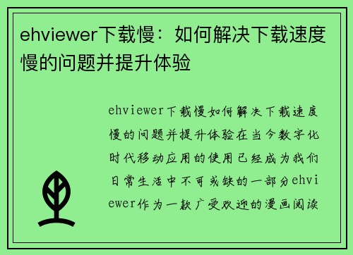 ehviewer下载慢：如何解决下载速度慢的问题并提升体验